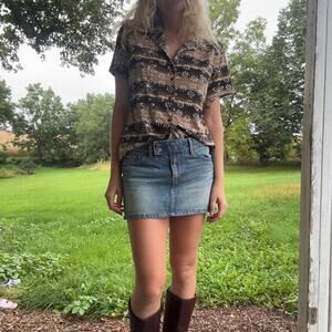 Vintage Y2K Es Se USA Brown Daisy Print Button Down Shirt Short Sleeve Large